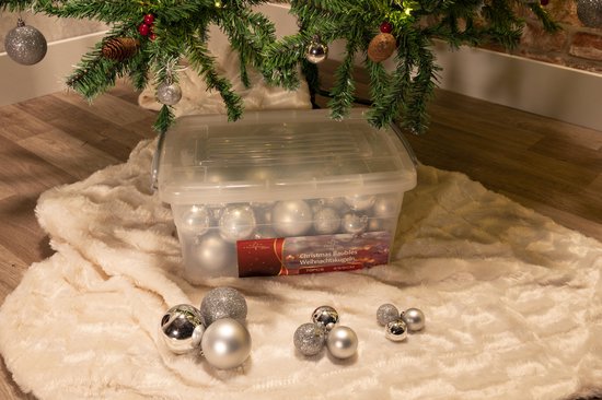 Cadeaux de Noël Set de boules de Noël argentées - 70 pièces boules de Noël en plastique - boîte de rangement pour boules de Noël incluse - Ø4/5/6 cm