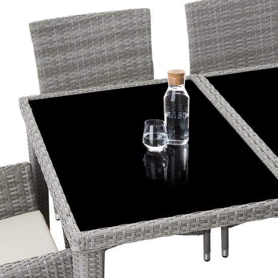 tectake® - set de meubles de jardin en aluminium 8 chaises avec table avec plateau en verre, y compris 2 sets de coussins et housse de protection, meubles de balcon résistants aux intempéries - gris - poly-rattan