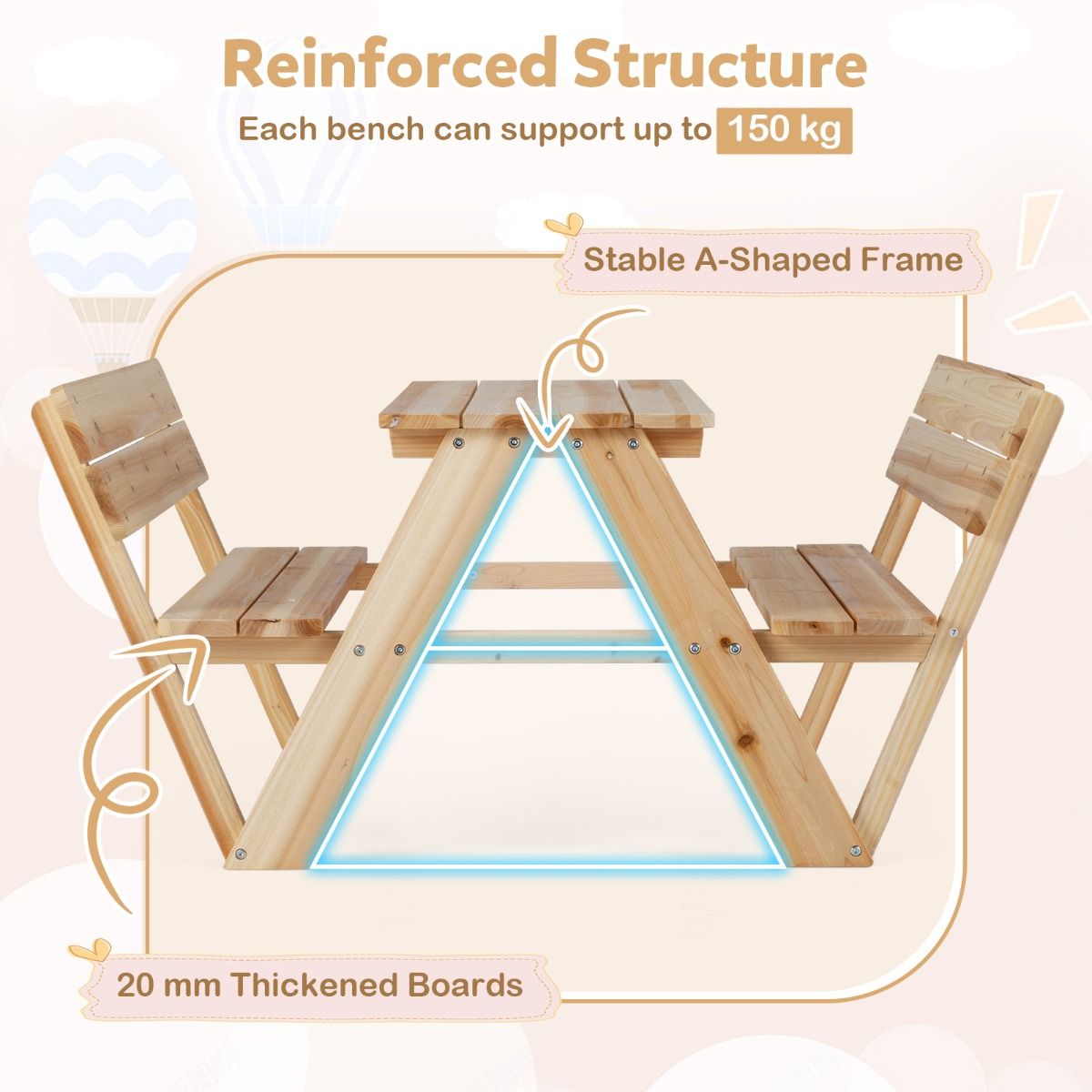 Table de pique-nique pour enfants Coast - ensemble de table et bancs en bois pour tout-petits - avec dossier - couleur naturelle