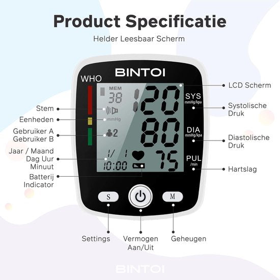 Bintoi® BXE100 - Tensiomètre de poignet - Cardiofréquencemètre - Rechargeable par USB - Étui de rangement inclus - 2 utilisateurs