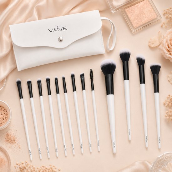 Ensemble de pinceaux de maquillage Vaive, 15 pièces - Pinceaux vegan - Pinceaux pour fond de teint, ombre à paupières, blush, kabuki et poudre bronzante - avec trousse - Blanc