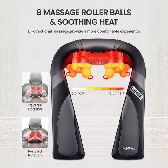RENPHO U-Neck Go Shiatsu Neck & Shoulder Massager - Fonction chauffante - Convient à différentes parties du corps - Noir