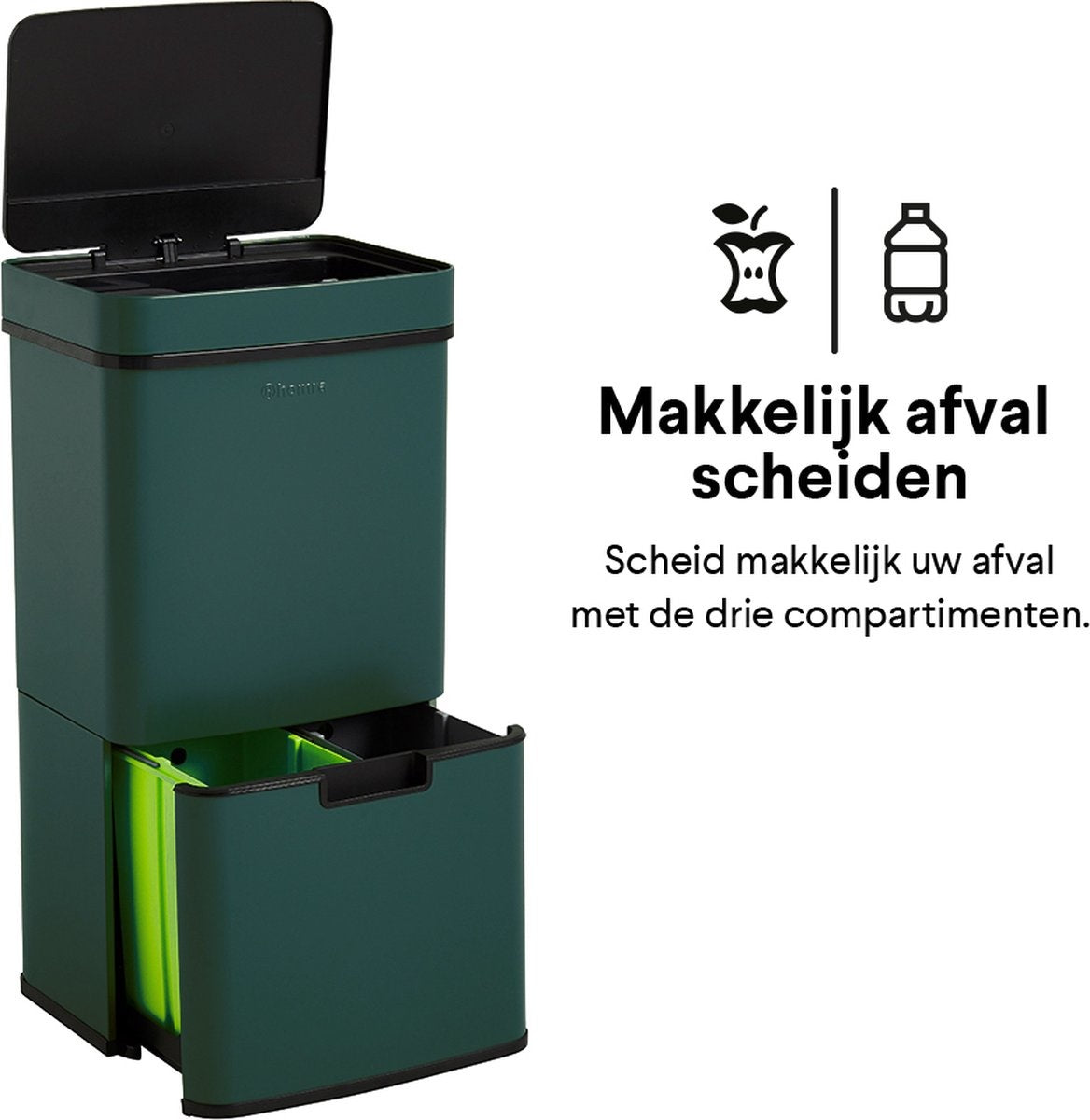 Homra NEXO Prullenbak Afvalscheiding 3 vakken - 72 Liter (2x12 + 48 L) met infrarood Sensor - Design Trio Afvalemmer RVS - Groen - Afvalscheidingsprullenbak - Keuken Afvalemmer - Petrol Groene Recycle Afvalbak - Hygiënisch - Kantoor - Elektrisch