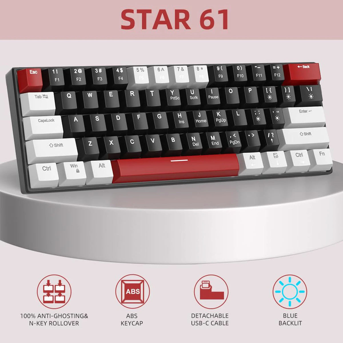 Clavier de jeu mécanique MageGee STAR 61 - 60 % - 61 touches - Rétroéclairage LED bleu - Commutateurs rouges - USB-C - Gris/Noir/Rouge