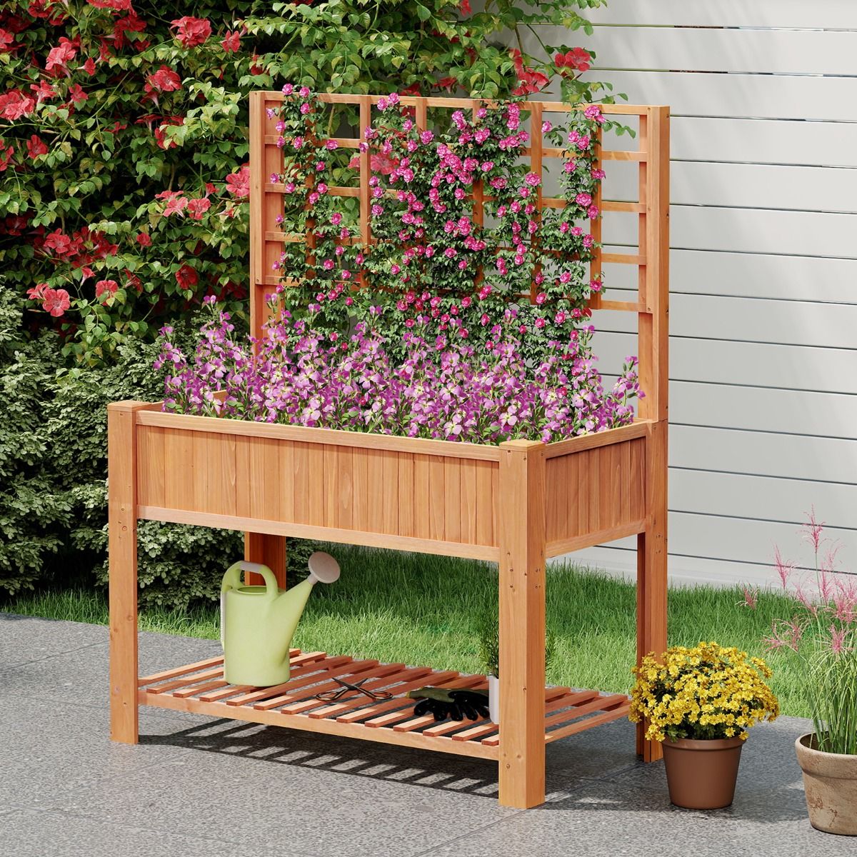 Jardinier surélevé en bois Coast - avec structure d'escalade - espace de rangement - marron