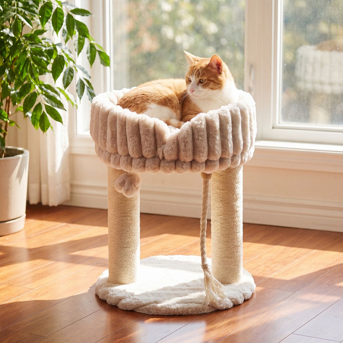 Arbre à chat Coast avec plate-forme de repos - Tiges en sisal et balle en peluche - Compact 40 x 40 x 50,5 cm - Beige/Gris/Blanc