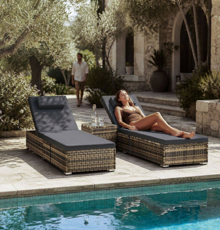 Tectake : transat double en osier Carbonera - Couleur naturelle - 62 x 196 x 36 cm - Lot de 2, avec table d'appoint