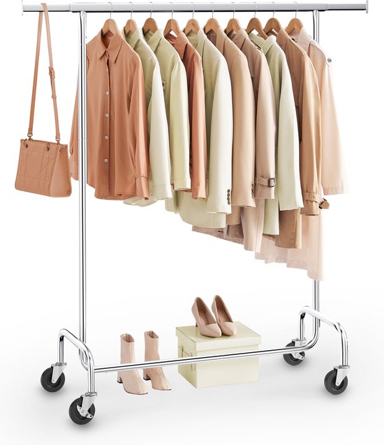 O'DADDY® Porte-vêtements sur roulettes - Porte-vêtements - Barre à vêtements réglable - Barre à vêtements extensible - Barre de suspension réglable - Stable jusqu'à 130 kg - Silver