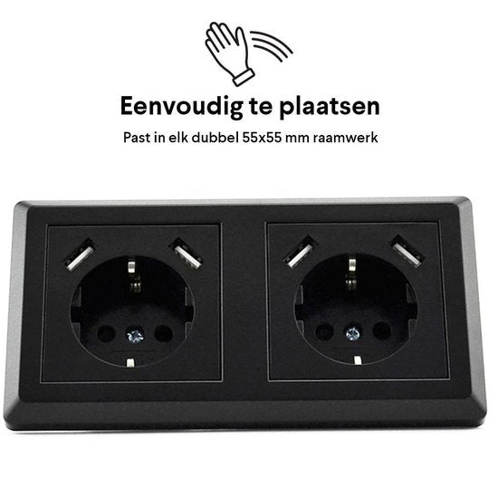 Homra Brock Double Prise USB Noire - Prise murale encastrée - Plastique brillant - Prise murale noire - Prise - 5.600mA - 220 volts - Chargeur USB - Chargement rapide - Chargement rapide - Mise à la terre - 80x80mm