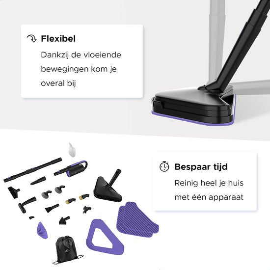 Motionflow 16-in-1 Nettoyeur vapeur - Nettoyeur de taches - Nettoyeur vapeur à main pour le nettoyage en profondeur du sol, du canapé, de la salle de bain et du tapis - Balai vapeur - Nettoyeur de tapis - Nettoyeur vapeur noir
