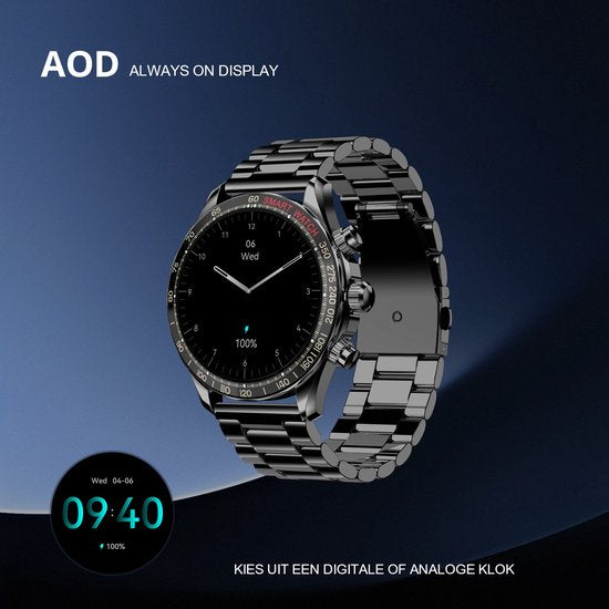 Maoo Titan AMOLED Smartwatch Homme - Acier inoxydable et 2 bracelets TPU - Podomètre - Moniteur de fréquence cardiaque - Moniteur de sommeil - Multisport - Convient à Android et iOS - Noir