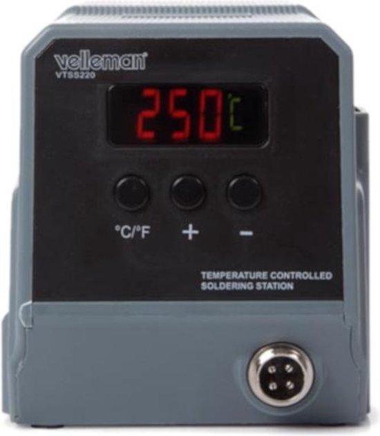 Station de soudage Velleman avec écran LED et élément chauffant en céramique, 90 W, plage de température 50-480 °C, convient aux professionnels et aux bricoleurs, gris