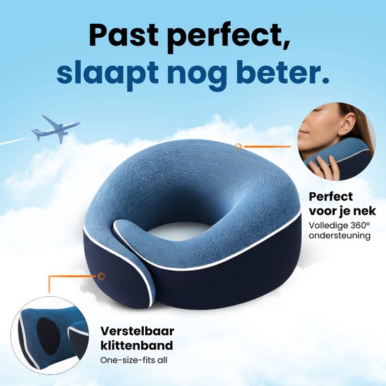 PurelyGoods® Set d'oreillers pour la nuque - Oreiller de voyage - Avion et voiture - Mousse à mémoire de forme - Bleu foncé