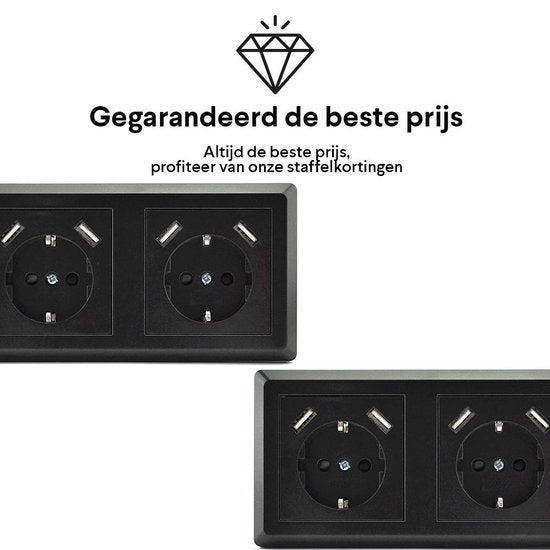 Homra Brock Double Prise USB Noire - Prise murale encastrée - Plastique brillant - Prise murale noire - Prise - 5.600mA - 220 volts - Chargeur USB - Chargement rapide - Chargement rapide - Mise à la terre - 80x80mm