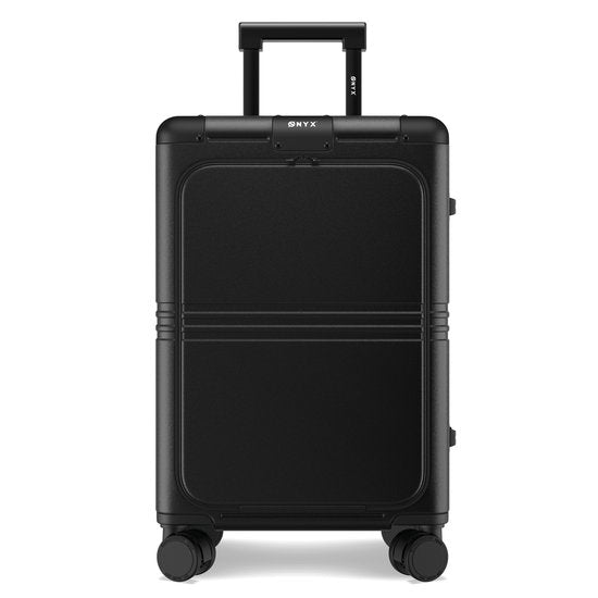 ONYX Hybrid Pro Hand Luggage Suitcase with Front Pocket 38 Litres - Recycled Polycarbonate and Zipperless Design - Travel Suitcase with TSA Lock and Spinner Wheels - Lightweight Trolley with Laptop Compartment - Onyx Black