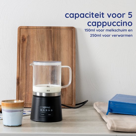 Safecourt Kitchen Mousseur à lait en verre - Mousseur à lait électrique - Revêtement antiadhésif - 600 watts - Noir