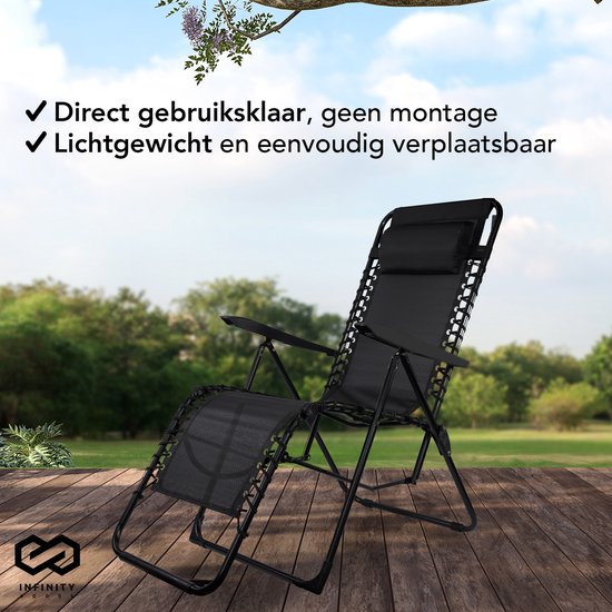 Infinity Goods Opvouwbare Tuinstoelen set van 2- Ligstoelen - Opvouwbaar - Verstelbaar - Ergonomisch Hoofdkussen - Metaal - Textileen - Zwart
