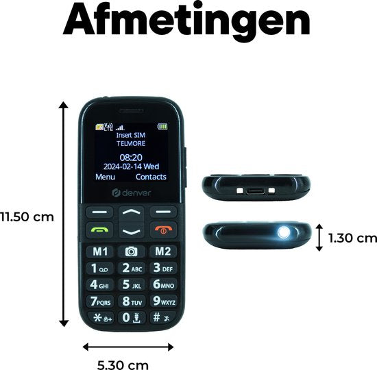 Denver Seniors Mobile Phone 4G - Grandes touches - Bouton SOS - Support de charge - GSM - Simlock-free - Bluetooth - BAS18600L