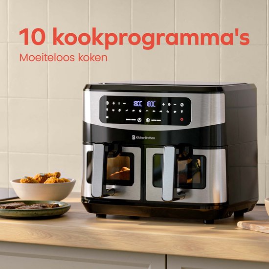 KitchenBrothers Double Airfryer - 2400W - Dual Zone - 9L - Friteuse à air chaud - Airfryer XXL - 2 x 4.5L - 10 Programmes de cuisson - inox/noir