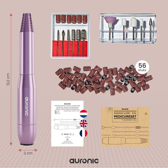 Auronic Electric Nail Router / Nail File - 11 embouts et 56 rouleaux de ponçage - Manucure / Pédicure - Rose