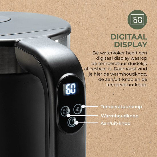 Bourgini Elements - Bouilloire numérique - Noir - Capacité de 1,7 litre - Matériaux recyclés certifiés GRS