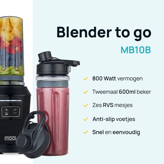 MOA Blender - Smoothie Maker avec 2 gobelets en Tritan de 600ml - Mini Blender To Go - 800W - acier inoxydable - Noir