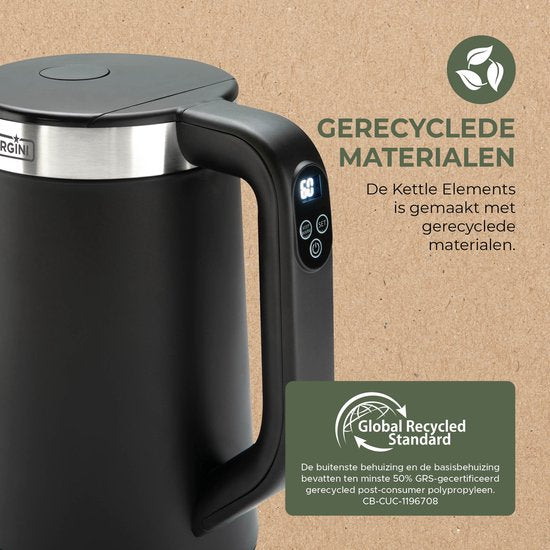 Bourgini Elements - Bouilloire numérique - Noir - Capacité de 1,7 litre - Matériaux recyclés certifiés GRS