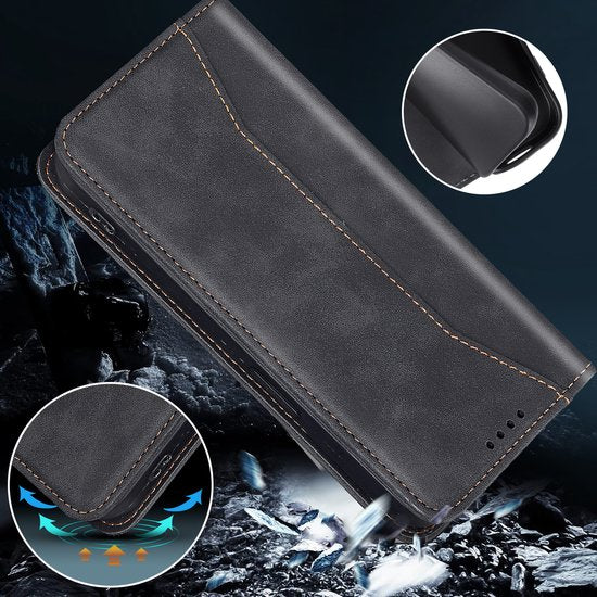 Podec Case with Card Holder Suitable for iPhone 15 Black Phone Case - Anti-Shock Bookcase Cover with 1x Screen Protector - Wallet Case
