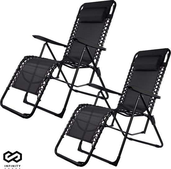 Infinity Goods Opvouwbare Tuinstoelen set van 2- Ligstoelen - Opvouwbaar - Verstelbaar - Ergonomisch Hoofdkussen - Metaal - Textileen - Zwart