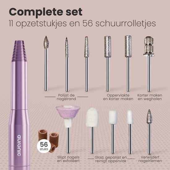 Auronic Electric Nail Router / Nail File - 11 embouts et 56 rouleaux de ponçage - Manucure / Pédicure - Rose