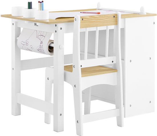 SoBuy KMB60-WN Table et chaise pour enfants, ensemble 2 pièces, table et chaise pour enfants, bureau avec 2 étagères, porte-papier et compartiments de rangement, blanc/naturel, 80 x 50 x 66 cm