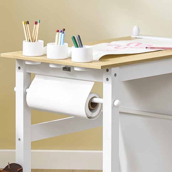 SoBuy KMB60-WN Table et chaise pour enfants, ensemble 2 pièces, table et chaise pour enfants, bureau avec 2 étagères, porte-papier et compartiments de rangement, blanc/naturel, 80 x 50 x 66 cm