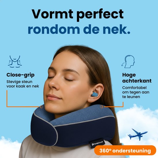PurelyGoods® Set d'oreillers pour la nuque - Oreiller de voyage - Avion et voiture - Mousse à mémoire de forme - Bleu foncé