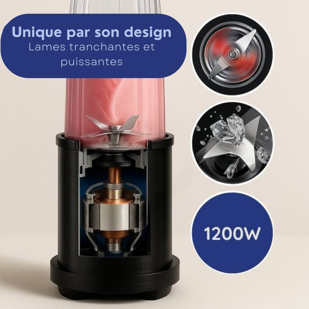 Mixeur - Safecourt Kitchen - Smoothie Blender - Blender 1200W - Incl. des gobelets à emporter - Noir