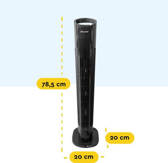 BRASQ Ventilateur de tour F500 - 80 cm de haut - noir - silencieux - avec télécommande - minuterie et mode veille - ventilateur de sol - 50W - pour chambre à coucher et bureau
