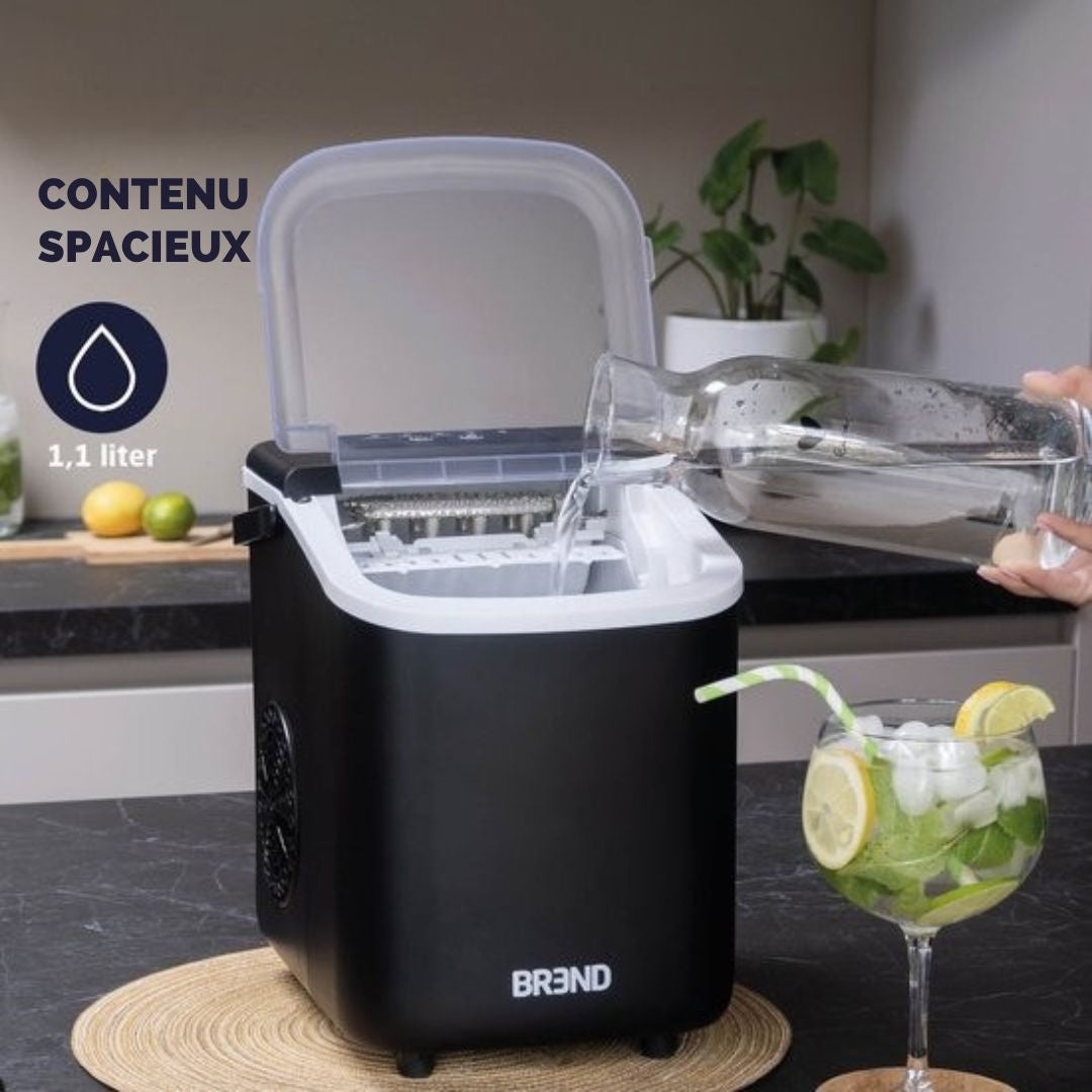 Machine à glaçons avec cuillère et plateau d'égouttage BREND BR-2213 - Grands L ou petits S glaçons - 10 kg en 24 heures - Noir