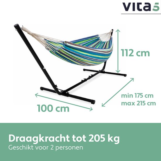 Vita5 Hamac avec support - 2 personnes - longueur réglable - sac de transport inclus - poids 205 kg - bleu/vert
