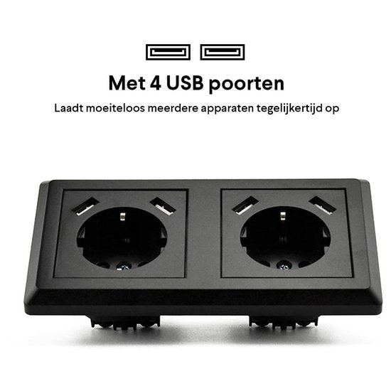 Homra Brock Double Prise USB Noire - Prise murale encastrée - Plastique brillant - Prise murale noire - Prise - 5.600mA - 220 volts - Chargeur USB - Chargement rapide - Chargement rapide - Mise à la terre - 80x80mm
