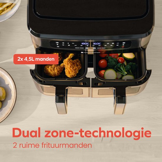 KitchenBrothers Double Airfryer - 2400W - Dual Zone - 9L - Friteuse à air chaud - Airfryer XXL - 2 x 4.5L - 10 Programmes de cuisson - inox/noir