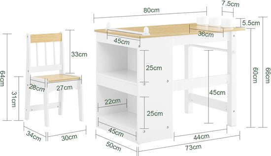 SoBuy KMB60-WN Table et chaise pour enfants, ensemble 2 pièces, table et chaise pour enfants, bureau avec 2 étagères, porte-papier et compartiments de rangement, blanc/naturel, 80 x 50 x 66 cm