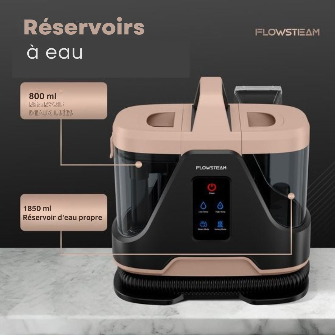 Nettoyeur de tapis 6 en 1 - FLOWSTEAM®  - Nettoyeur de taches - sièges - Vapeur à 100°C - 4 modes de vapeur - 90 minutes de vapeur - Cordon de 5M - blanc/noir