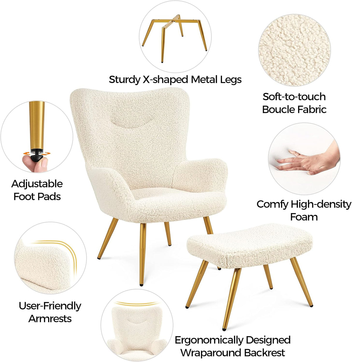 Fauteuil d'écoute Yaheetech avec repose-pieds – Tissu Teddy – Blanc ivoire – 67,5 x 70 x 97,5 cm