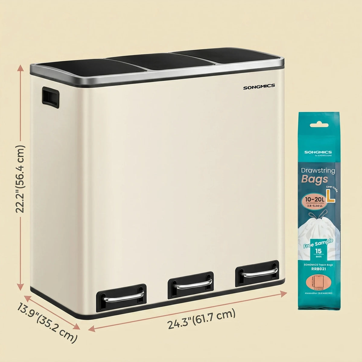 Poubelle Ochama Recycling - 3 x 18 L - À pédale - Acier inoxydable - 61 x 35,2 x 56,4 cm - Beige