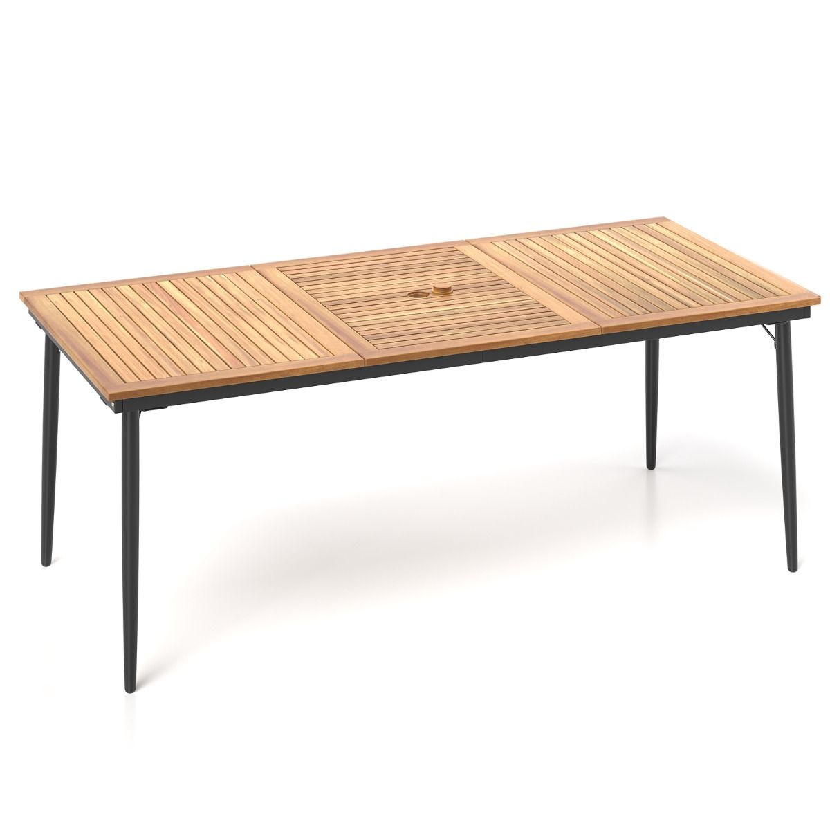 Table de jardin Coast pour 8 personnes - bois d'acacia avec pieds en métal - trou pour parasol de 5 cm - couleur naturelle et noire - 200 x 90 cm