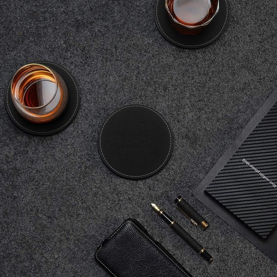 Castagnola Sous-verres en simili-cuir - Sous-verres pour verres - Sous-verres design avec support - Sous-verres en cuir - Cuir - Lot de 10 - Noir avec surpiqûres