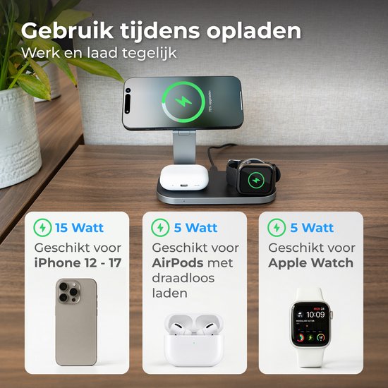 Chargeur sans fil Nuvance - 3 en 1 - 15 W - Station de recharge - Chargeur rapide - Chargeur sans fil - Compatible avec l'Apple Watch et les écouteurs Apple