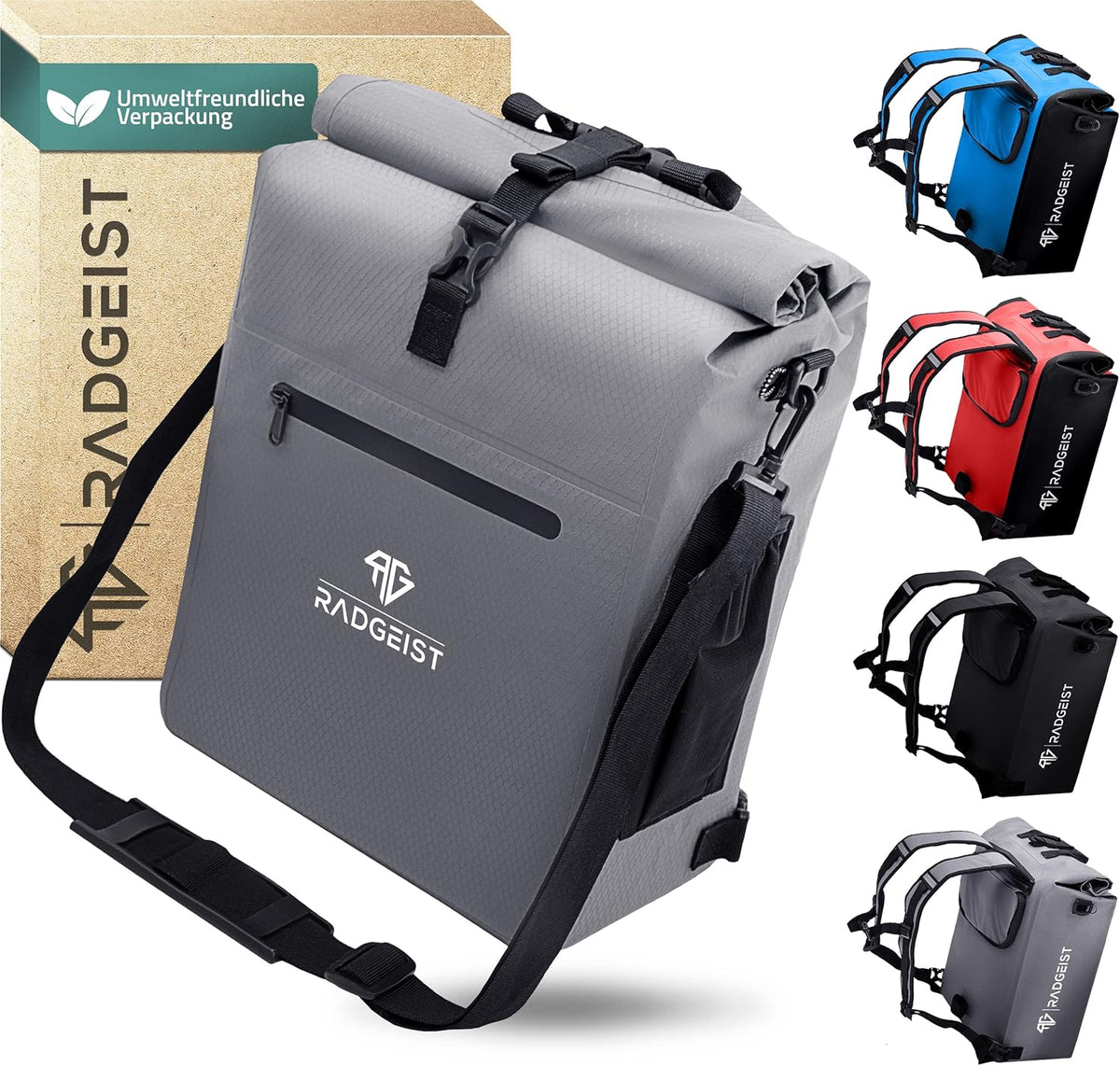 RADGEIST 3in1 sacoche de transport - sac à dos pour vélo - sacoche de transport - sac à bandoulière - avec compartiment pour ordinateur portable - étanche - 25L - gris