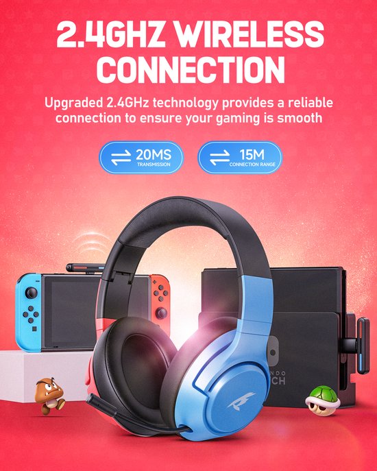 Kofire × CINPUSEN CG-01 - Casque de jeu sans fil - Casque circum-auriculaire - Avec microphone - PC/PS4/PS5/Nintendo Switch - Bleu et rouge
