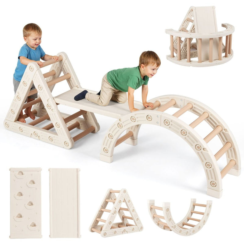 Structure d'escalade Coast Montessori pour enfants - Structure d'escalade en bois 5-en-1 avec arche et échelle double face - beige et café