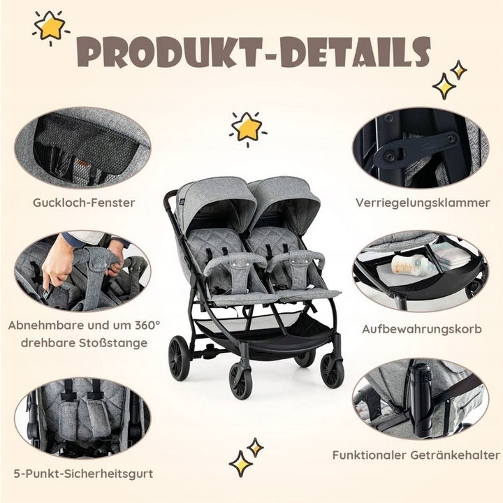 Coast Poussette double - Max 15 kg par siège - 0-3 ans - Gris